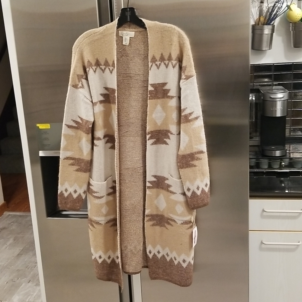 💕JESSICA SIMPSON💕 Open Front Long Cardigan ~ Brown Aztec Print Large L NWT
